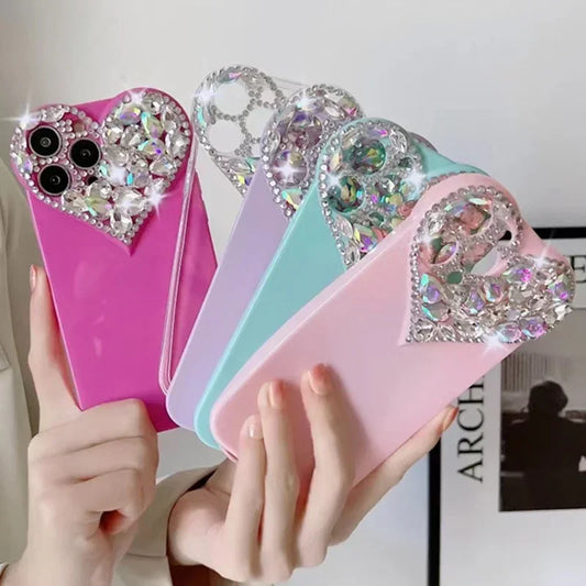 Love Heart Rhinestone Protect Lens Phone Case For IPhone 16 15 14 13 12 Pro Xs Max TPU Shockproof Back Cover