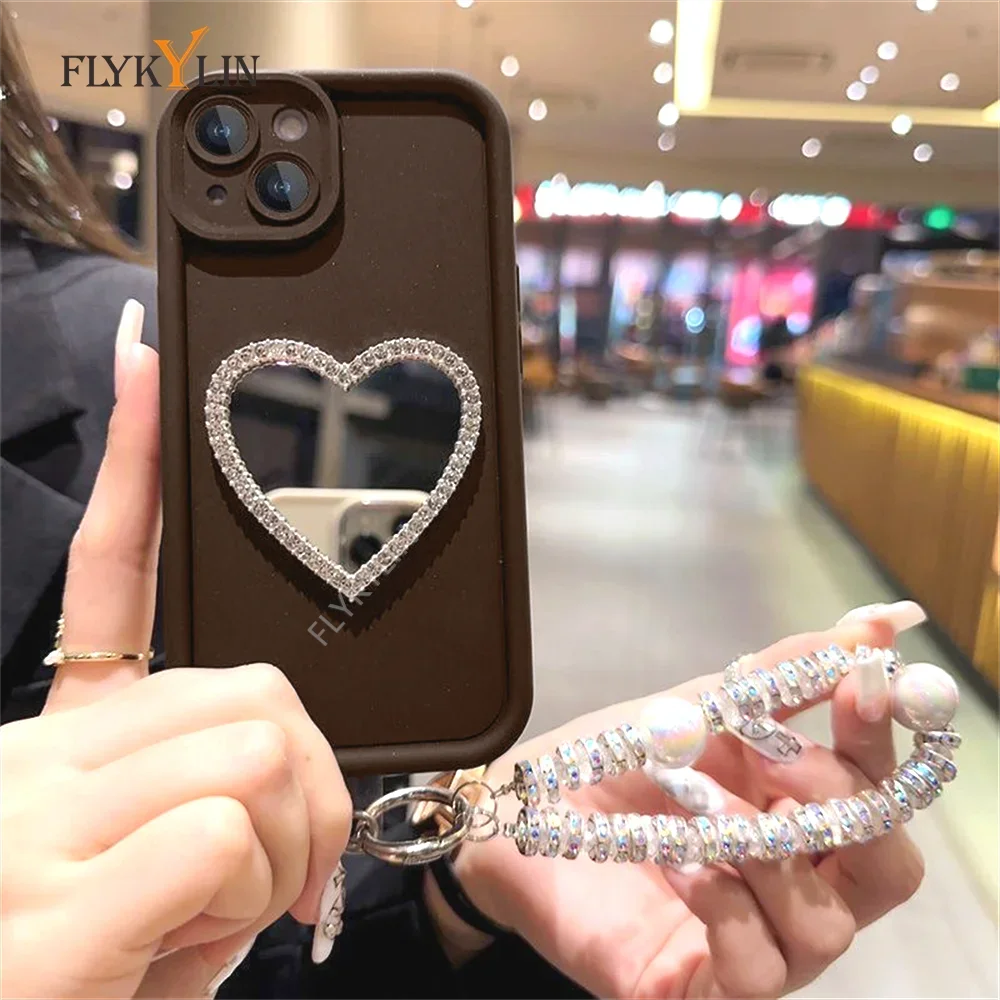 Love Heart Diamond Mirror Phone Case For Xiaomi Redmi Note 14 13 12 Pro 5G 12S 9S 10S 11 11S Pro Soft Silicone With Bracelet