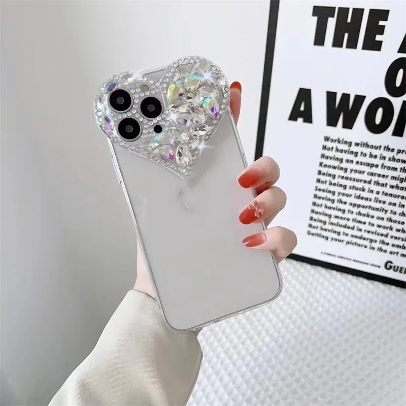Love Heart Rhinestone Protect Lens Phone Case For IPhone 16 15 14 13 12 Pro Xs Max TPU Shockproof Back Cover