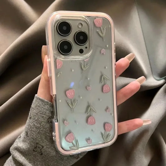 Luxury Tulips Flower Clear Phone Case For iPhone 16 15 14 13 12 Pro Max Pink Soft Transparent Shockproof Cover Conque