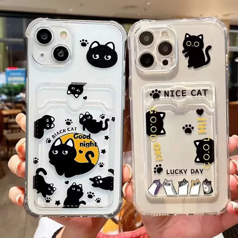 Cute Black Cat Phone Case For IPhone 17 16 15 14 13 12 Pro Max Plus 12 13 Mini Photo Card Holder Wallet Soft Clear Cover
