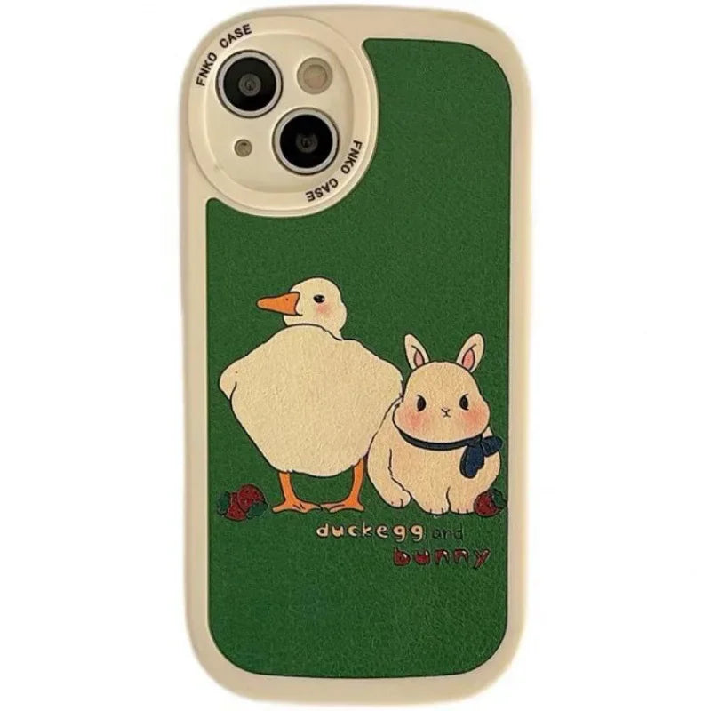 Cute Duck Rabbit Phone Case For iPhone 16 15 14 13 12 11 Pro Max Mini X XS XR 7 8 Plus SE Korean Green Leather