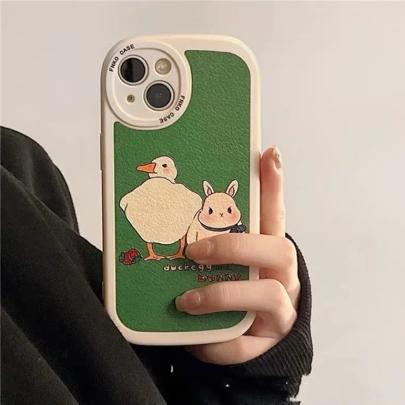Cute Duck Rabbit Phone Case For iPhone 16 15 14 13 12 11 Pro Max Mini X XS XR 7 8 Plus SE Korean Green Leather