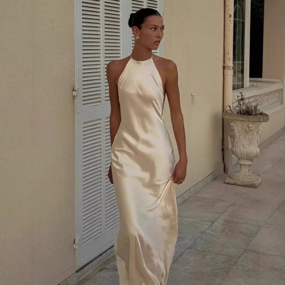 Satin Backless Halter Dress