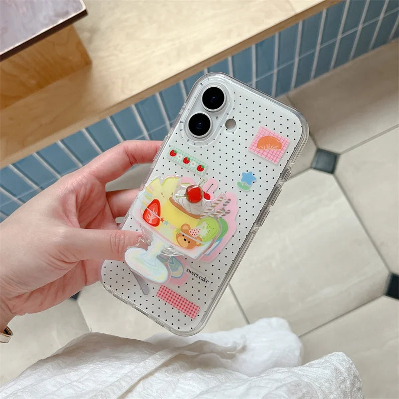 Cute Dessert Ice Cream Stand Holder Phone Case For iPhone 16 Pro 15 14 13 Pro Max Back Cover Shockproof Case Lovley Cases 15Pro