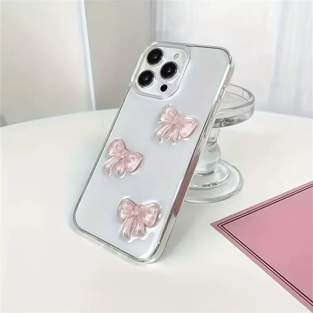Korean Cute 3D Pink Bowknot Clear Phone Case For iPhone 17 16 15 14 13 12 11 Pro Max 7 8 Plus 17Air Shockproof Transparent Cover