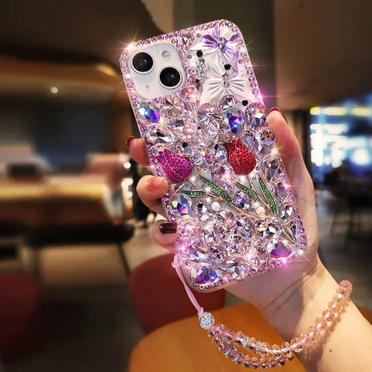 Luxury Glittering Diamond Phone Case + Clear Rhinestone Gir's Rose Case For iPhone 16 11 14 Pro Max12 13 Pro Max 15
