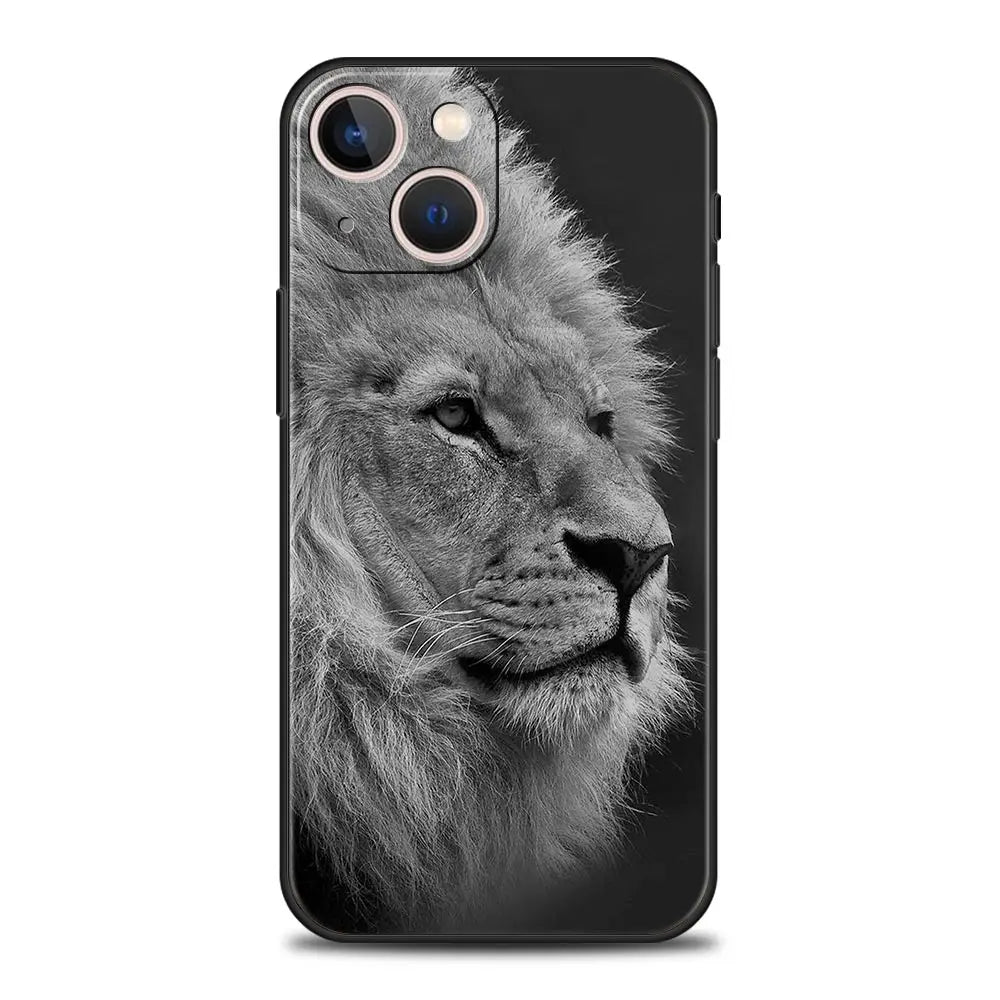 Lion Wild Animals Luxury Phone Case For iPhone 15 14 Pro MAX Plus Silicone Black Protection Cover