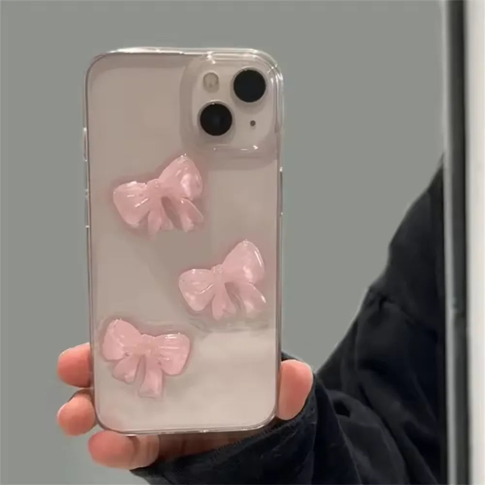 Korean Cute 3D Pink Bowknot Clear Phone Case For iPhone 17 16 15 14 13 12 11 Pro Max 7 8 Plus 17Air Shockproof Transparent Cover