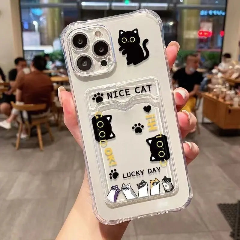 Cute Black Cat Phone Case For IPhone 17 16 15 14 13 12 Pro Max Plus 12 13 Mini Photo Card Holder Wallet Soft Clear Cover