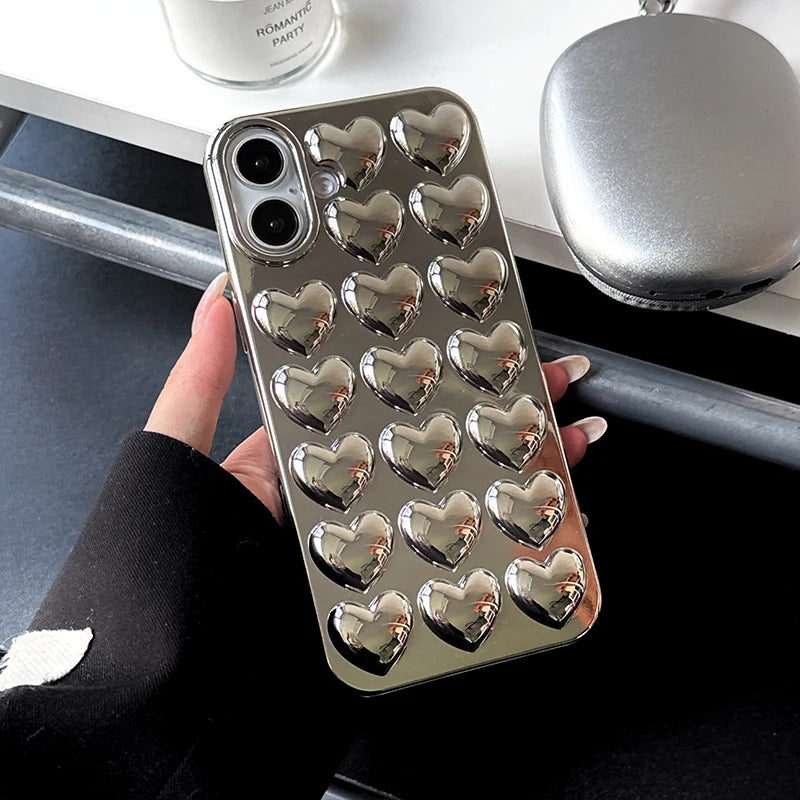 Simple Stylish Silver Love Heart Phone Case For iPhone 11 12 13 14 15 16 Pro Max Glossy TPU Protective Back Cover