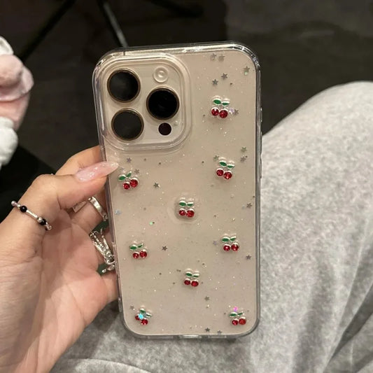Cute Epoxy Cherry Glitter Clear Phone Case For iPhone 16 15 14 13 12 Pro Max Luxury Sequins Glitter Back Cover
