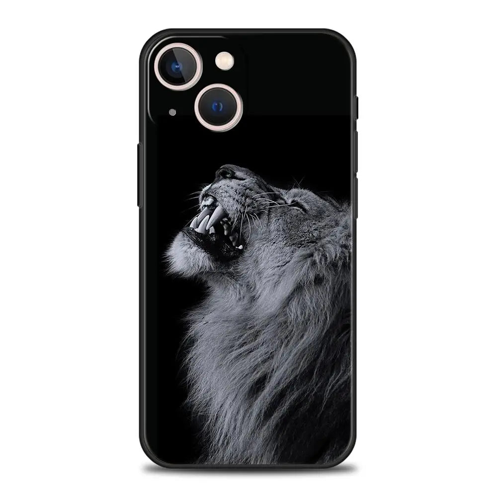 Lion Wild Animals Luxury Phone Case For iPhone 15 14 Pro MAX Plus Silicone Black Protection Cover