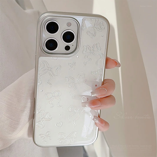 Stylish Full-Screen Gilding Bow Ribbon Heart Print White Glossy Silver Edge Phone Case Cover for iPhone 13 14 15 16 17 Pro Max