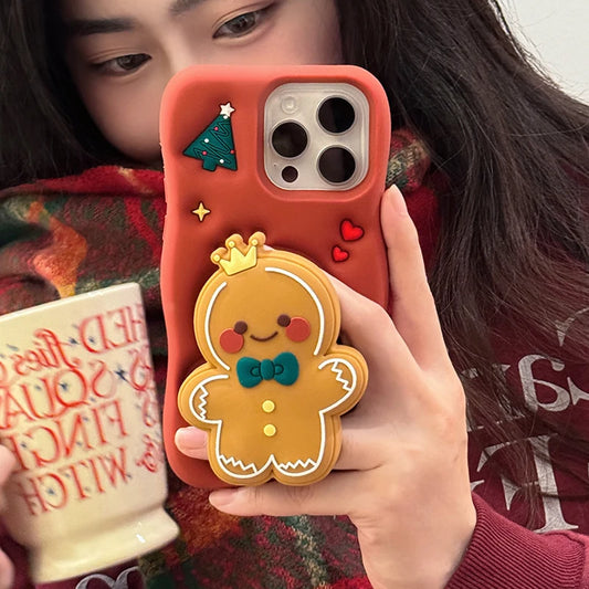 Red Christmas Gingerbread Man Folding Bracket Case For iPhone 11 12 13 15 16 Pro Max 14 Plus Soft Silicone 3D Holder Back Cover