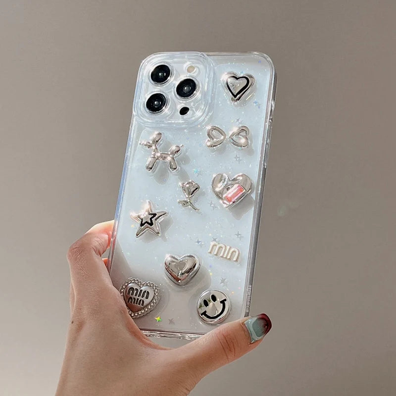 Cute 3D Love Heart Y2K Star Spicy Girl Phone Case For iPhone 15 14 13 11 12 Pro Max Epoxy Transparent Soft Shockproof Cover
