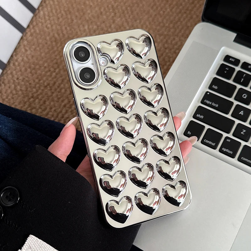 Simple Stylish Silver Love Heart Phone Case For iPhone 11 12 13 14 15 16 Pro Max Glossy TPU Protective Back Cover