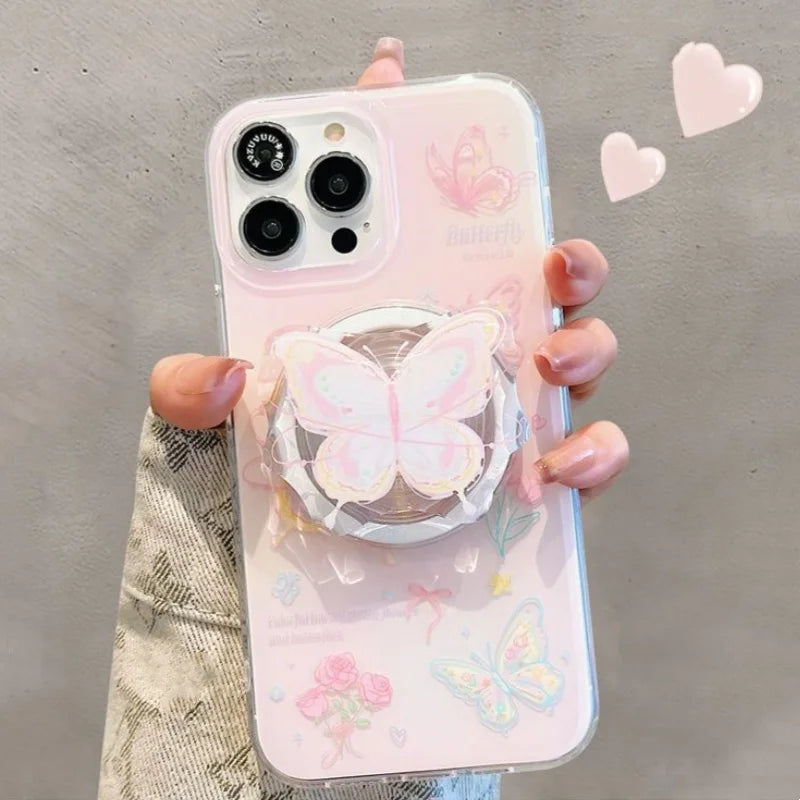 Magnetic rose butterfly phone case with holder For iPhone 11 12 13 14 15 16 17 Pro max