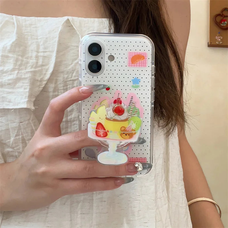 Cute Dessert Ice Cream Stand Holder Phone Case For iPhone 16 Pro 15 14 13 Pro Max Back Cover Shockproof Case Lovley Cases 15Pro