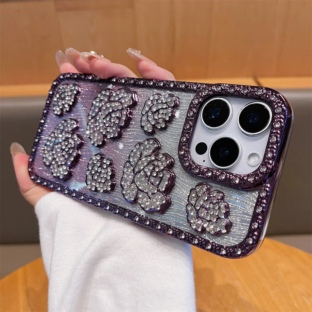 Fashion 3D Diamond Rose Phone Case for iPhone 16 15 14 13 Pro Max 16 Plus Bling Shiny Gradient Shockproof TPU Soft Cover