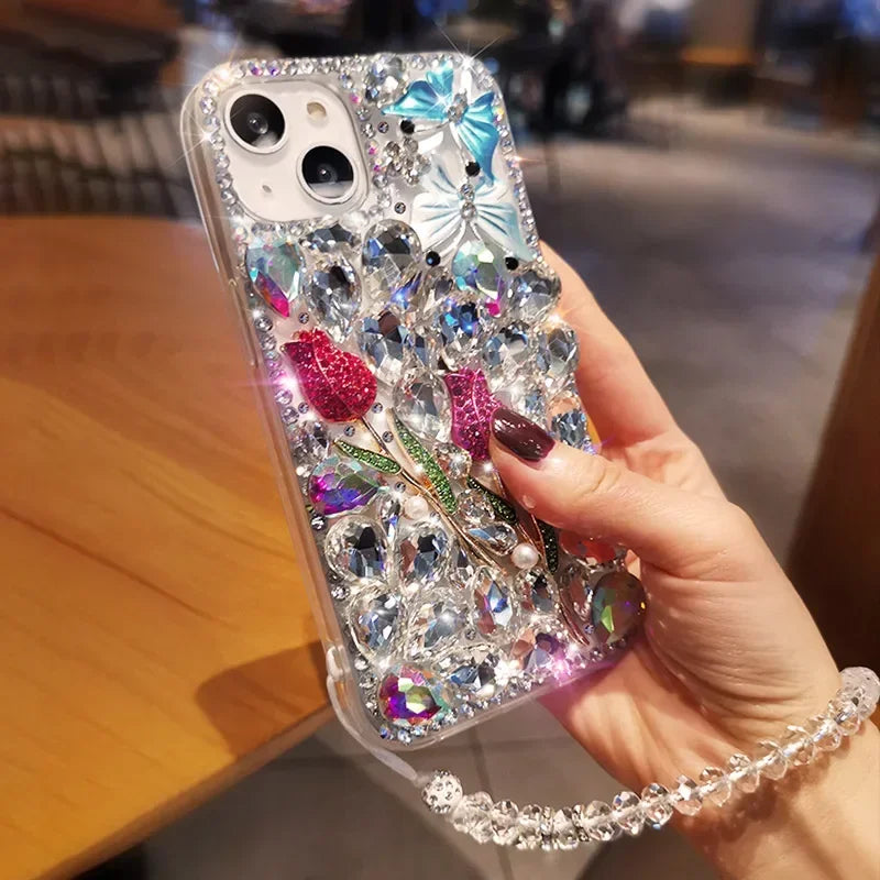 Luxury Glittering Diamond Phone Case + Clear Rhinestone Gir's Rose Case For iPhone 16 11 14 Pro Max12 13 Pro Max 15