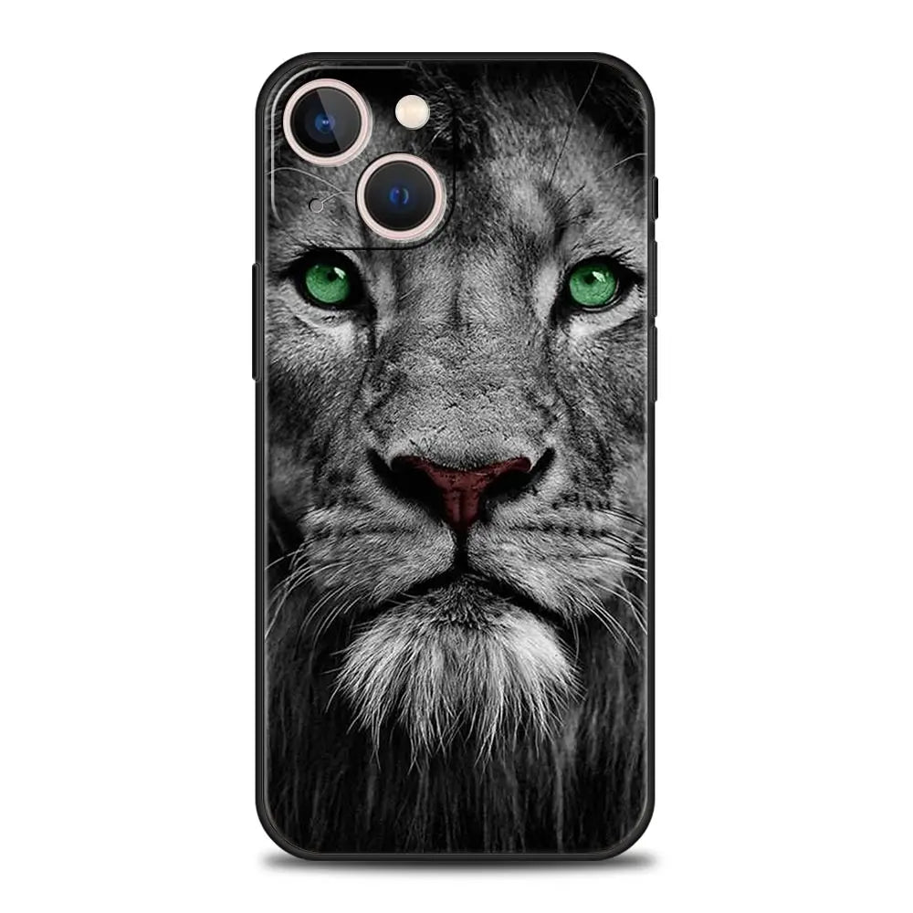 Lion Wild Animals Luxury Phone Case For iPhone 15 14 Pro MAX Plus Silicone Black Protection Cover
