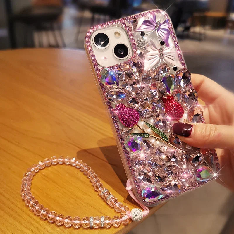 Luxury Glittering Diamond Phone Case + Clear Rhinestone Gir's Rose Case For iPhone 16 11 14 Pro Max12 13 Pro Max 15