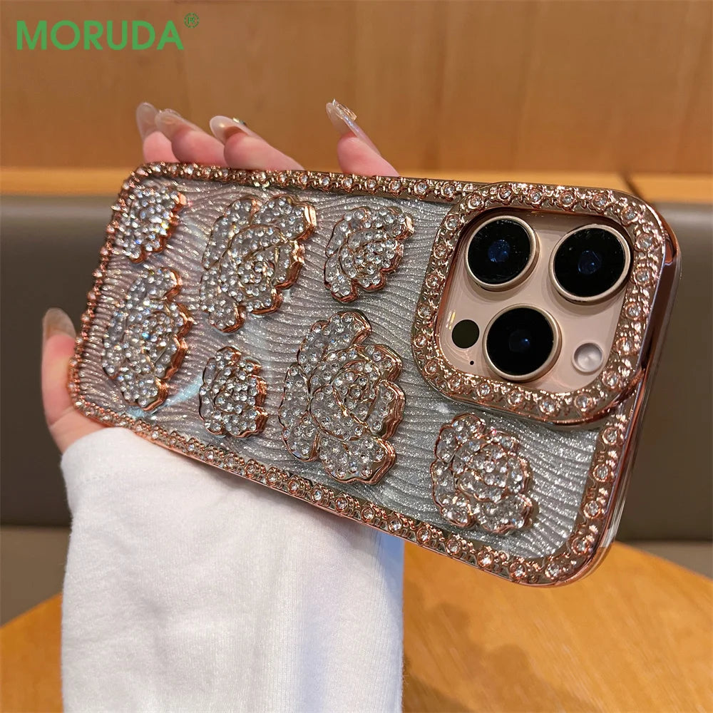 Fashion 3D Diamond Rose Phone Case for iPhone 16 15 14 13 Pro Max 16 Plus Bling Shiny Gradient Shockproof TPU Soft Cover