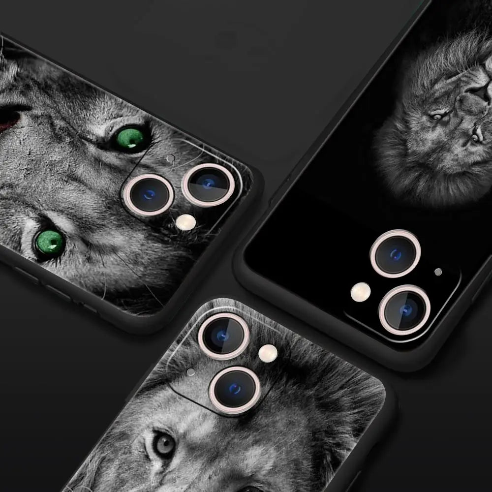 Lion Wild Animals Luxury Phone Case For iPhone 15 14 Pro MAX Plus Silicone Black Protection Cover