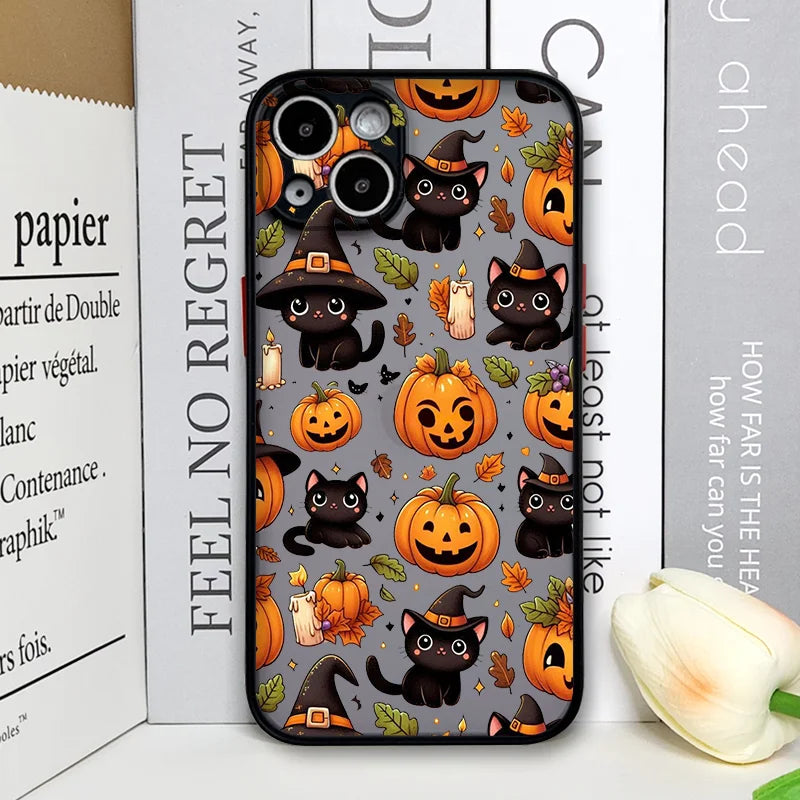 Halloween Cartoon Pumpkin Black Cat Phone Case For iPhone 16 15 14 13 12 11 Pro Max Mini X XS XR 7 Plus Shockproof Cover Fundas