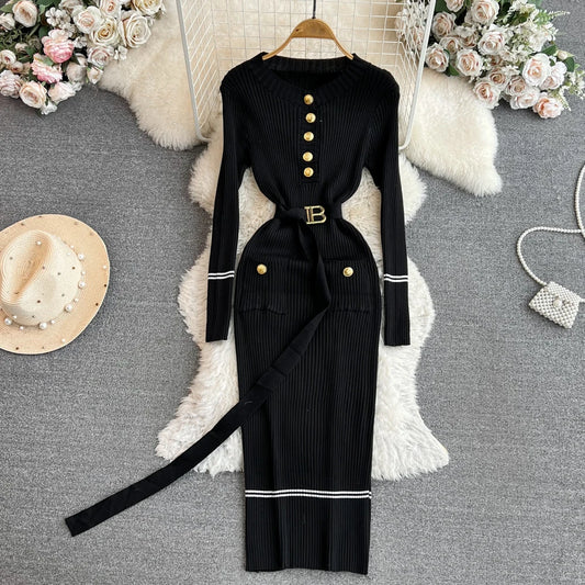 Elegant Rib Knit Long Pencil Dress