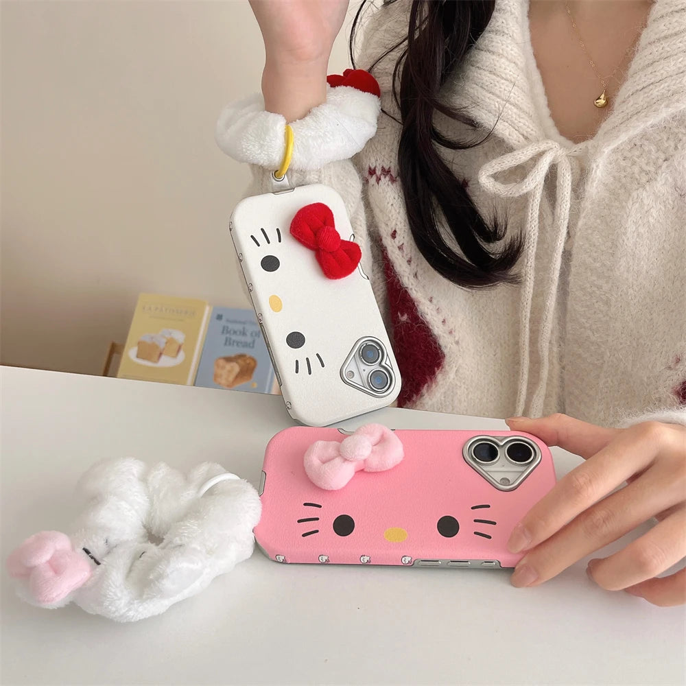 Fashion Cute Hello Kitty Pattern Horizontal Phone Case For iPhone 16 15 14 Pro Max 12 13 Cartoon Leather Plating Frame PC Cover
