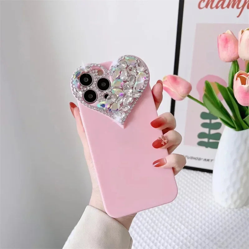 Love Heart Rhinestone Protect Lens Phone Case For IPhone 16 15 14 13 12 Pro Xs Max TPU Shockproof Back Cover