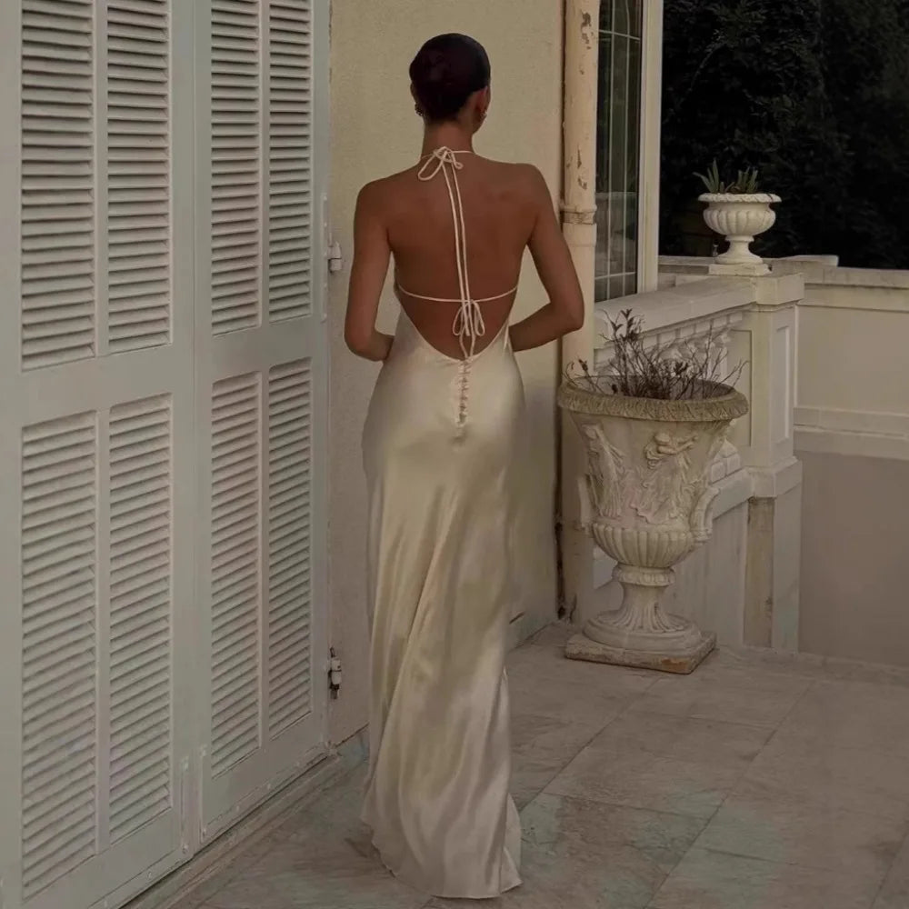 Satin Backless Halter Dress
