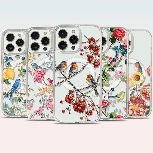 Flowers and Birds Magnetic Phone Case for iPhone 16 pro max 15 Plus 14 13 12 Mini Transparent Case