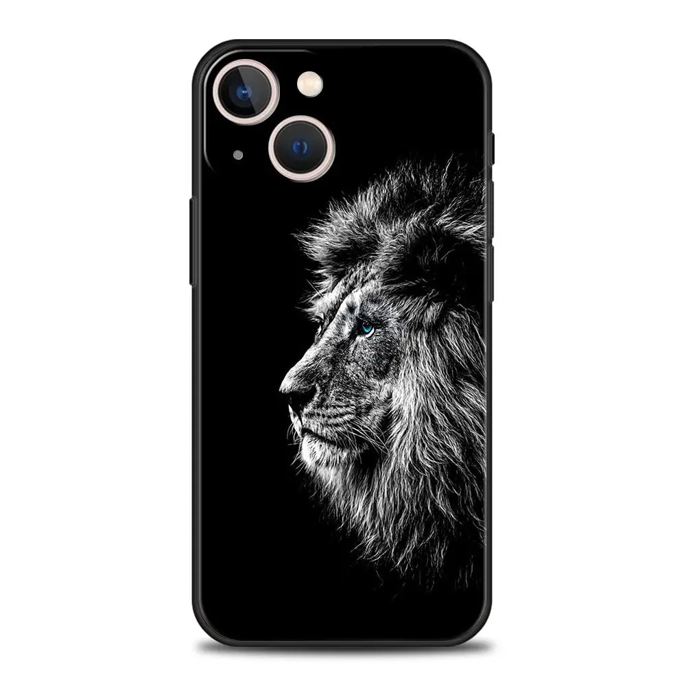 Lion Wild Animals Luxury Phone Case For iPhone 15 14 Pro MAX Plus Silicone Black Protection Cover