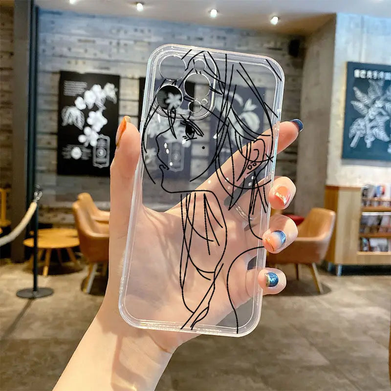 Cute Anime Girl Face Phone Case For iPhone 11 12 13 14 15 16 Pro Max 16E XR 7 8 Plus Soft Abstract Art Line line girl cover