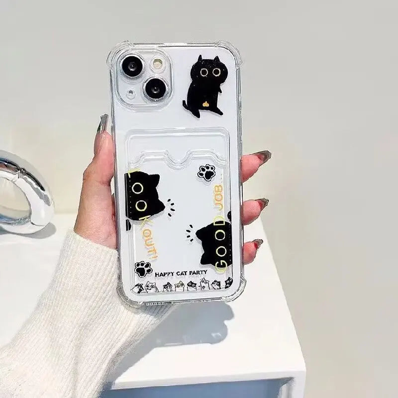 Cute Black Cat Phone Case For IPhone 17 16 15 14 13 12 Pro Max Plus 12 13 Mini Photo Card Holder Wallet Soft Clear Cover
