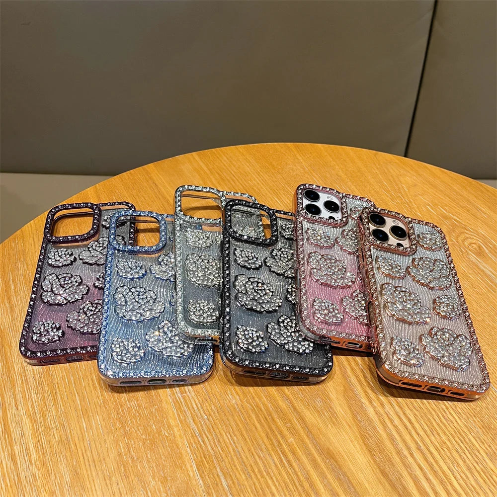 Fashion 3D Diamond Rose Phone Case for iPhone 16 15 14 13 Pro Max 16 Plus Bling Shiny Gradient Shockproof TPU Soft Cover