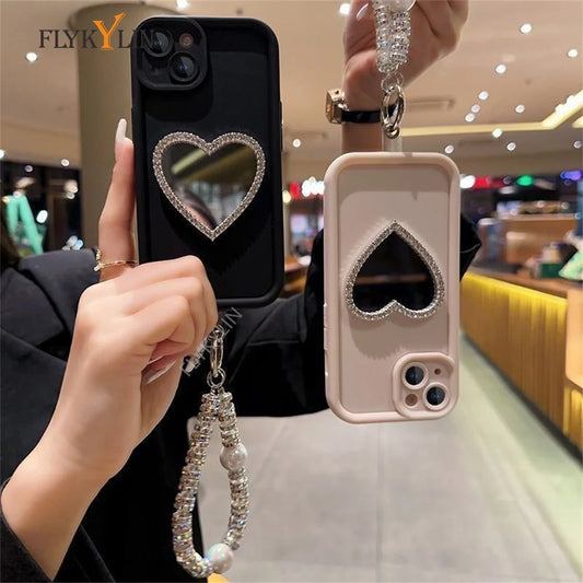 Love Heart Diamond Mirror Phone Case For Xiaomi Redmi Note 14 13 12 Pro 5G 12S 9S 10S 11 11S Pro Soft Silicone With Bracelet