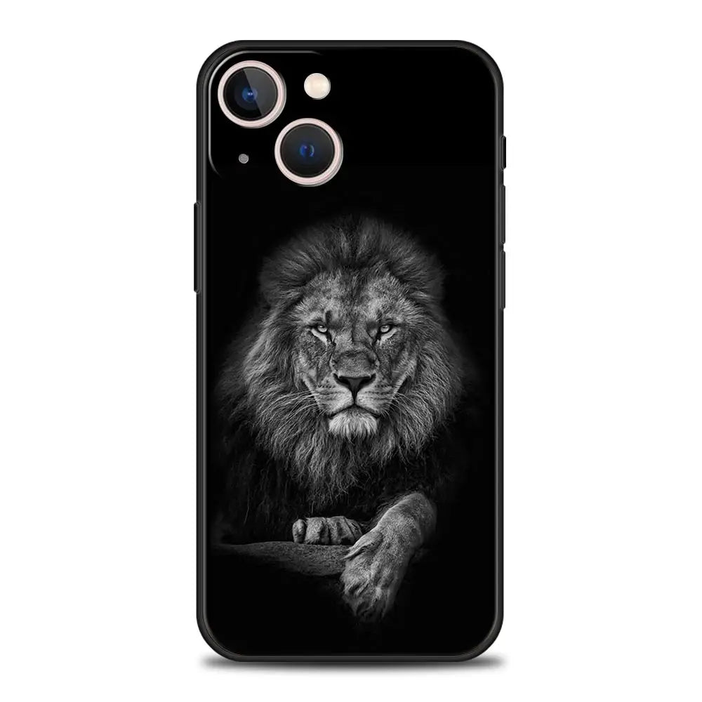 Lion Wild Animals Luxury Phone Case For iPhone 15 14 Pro MAX Plus Silicone Black Protection Cover