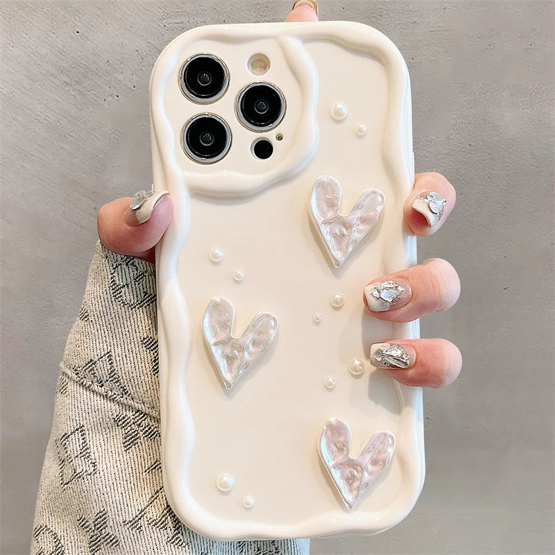 Korean 3D Pearl Love Heart Silicone Phone Case For iPhone 11 14 13 12 Pro Max 8 7 Plus SE 2022 XS MAX XR X Shockproof Soft Cover