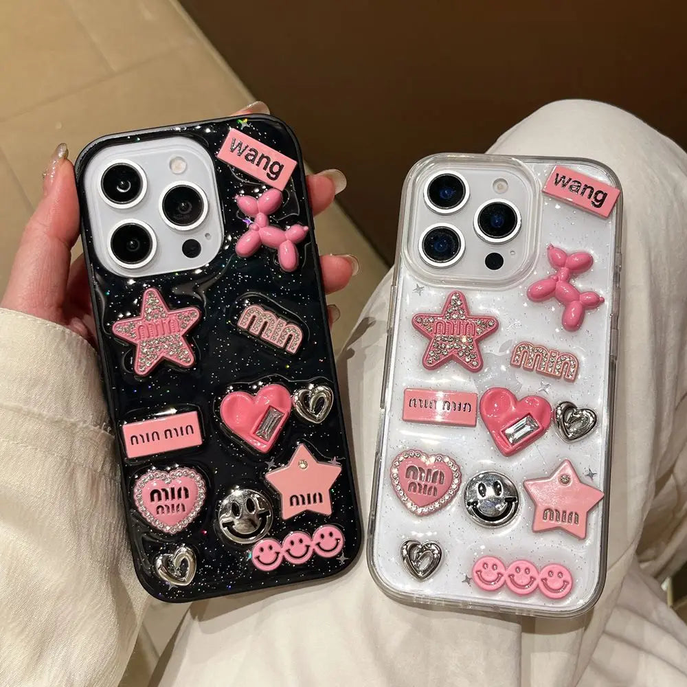 Cute 3D Love Heart Y2K Star Spicy Girl Phone Case For iPhone 15 14 13 11 12 Pro Max Epoxy Transparent Soft Shockproof Cover