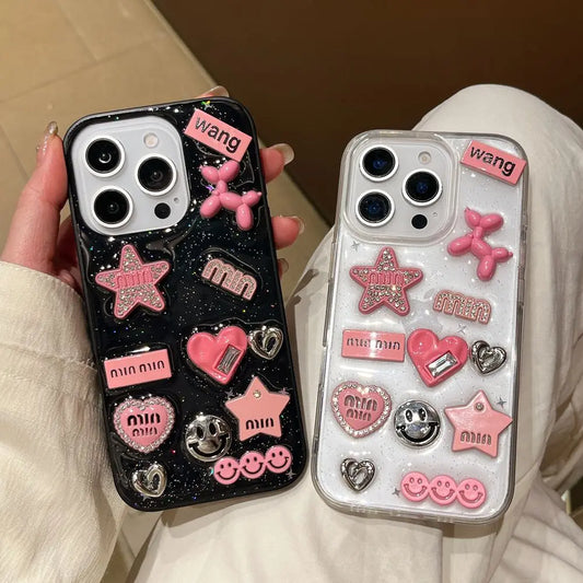 Cute 3D Love Heart Y2K Star Spicy Girl Phone Case For iPhone 15 14 13 11 12 Pro Max Epoxy Transparent Soft Shockproof Cover