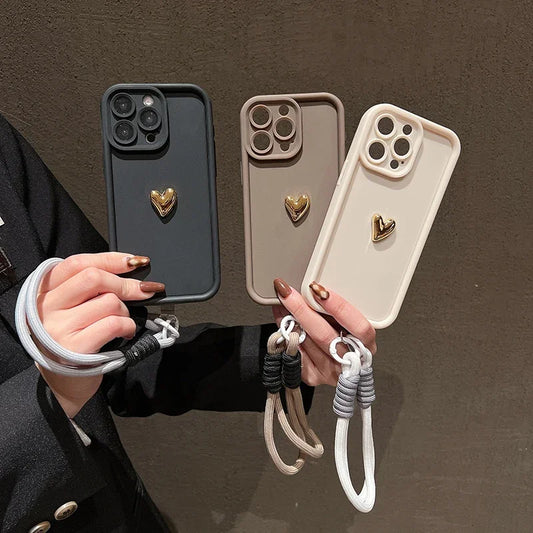 3D Gold Heart Soft Lanyard Rope Phone Case For iPhone 17 16 15 14 13 12 11 Pro Max X XS XR 7 8 Plus Hand Strap Shockproof Cover