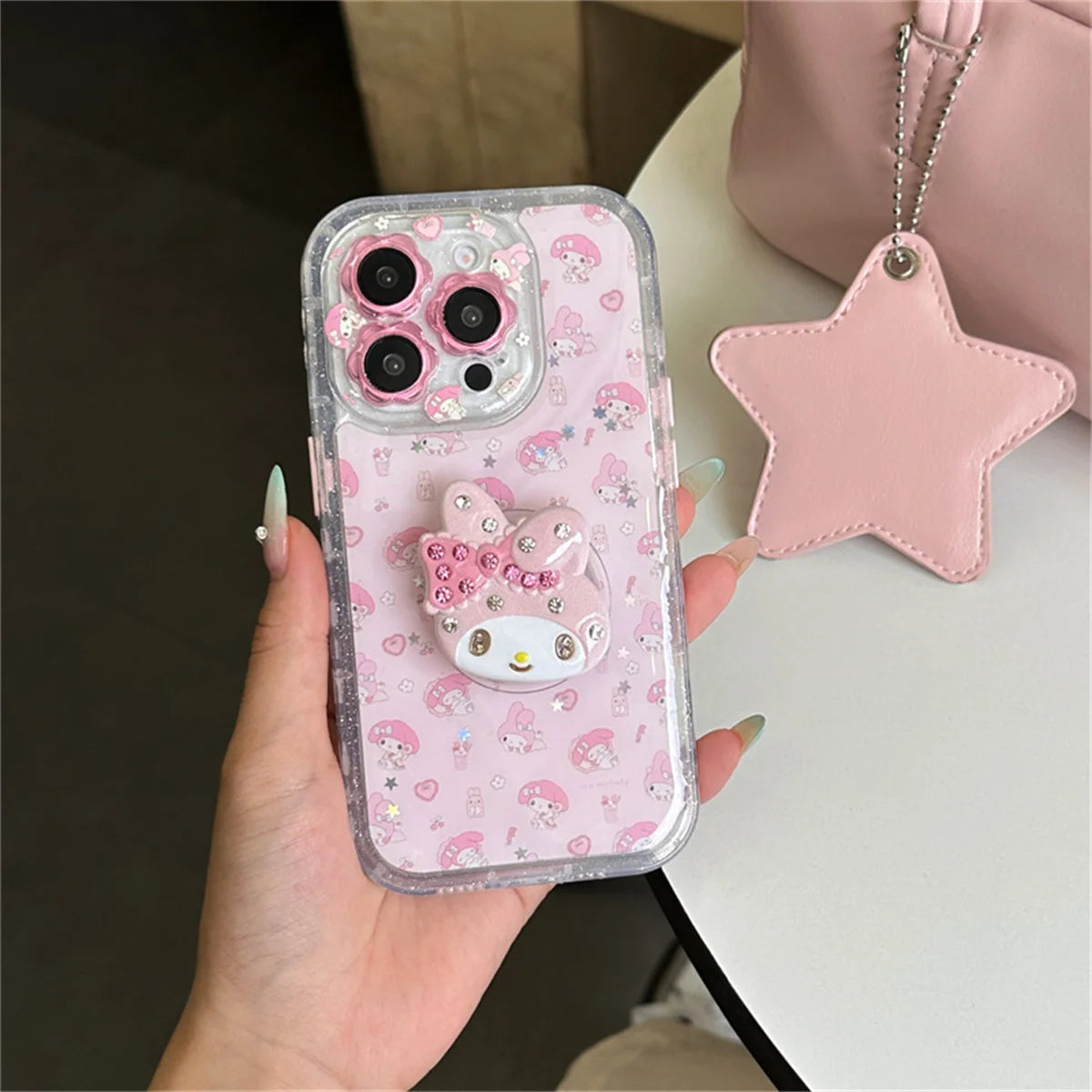 Cute Cartoon Pink Diamond Melody Magnetic Stand Case For iPhone 16 14 Pro 13 15 Pro Max Phone Cover For Magsafe Cases Funda