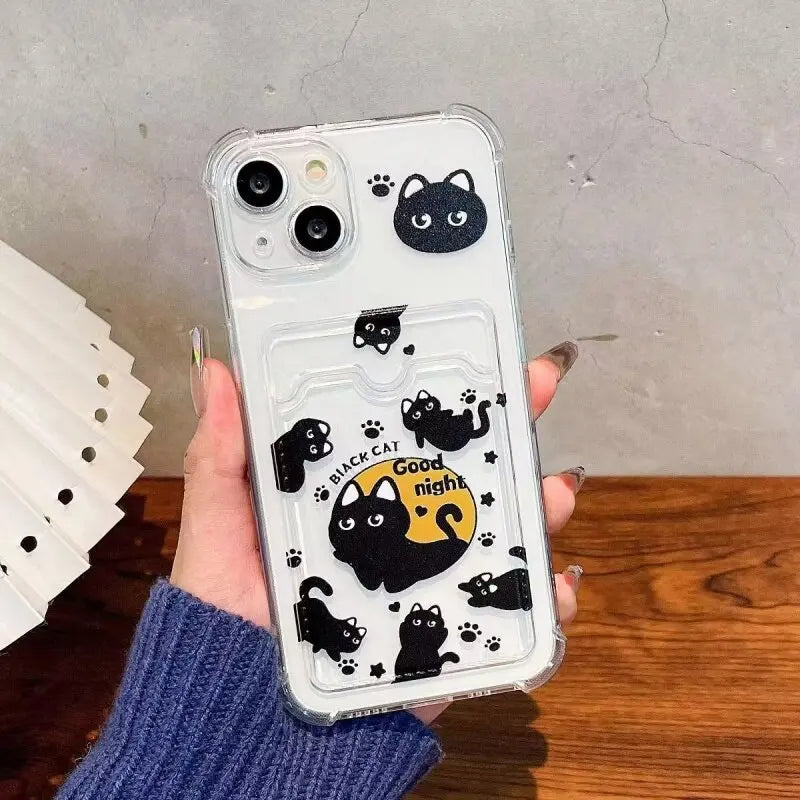 Cute Black Cat Phone Case For IPhone 17 16 15 14 13 12 Pro Max Plus 12 13 Mini Photo Card Holder Wallet Soft Clear Cover
