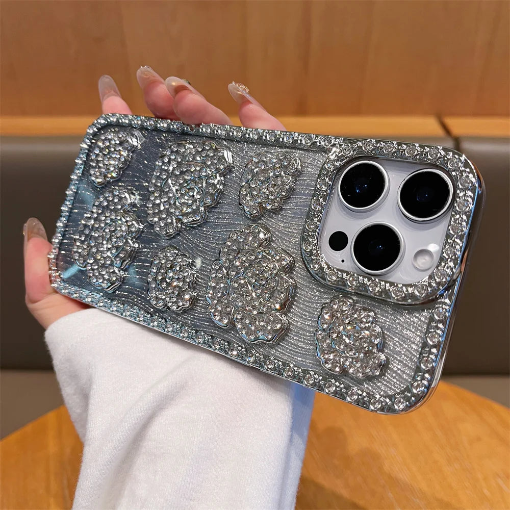 Fashion 3D Diamond Rose Phone Case for iPhone 16 15 14 13 Pro Max 16 Plus Bling Shiny Gradient Shockproof TPU Soft Cover