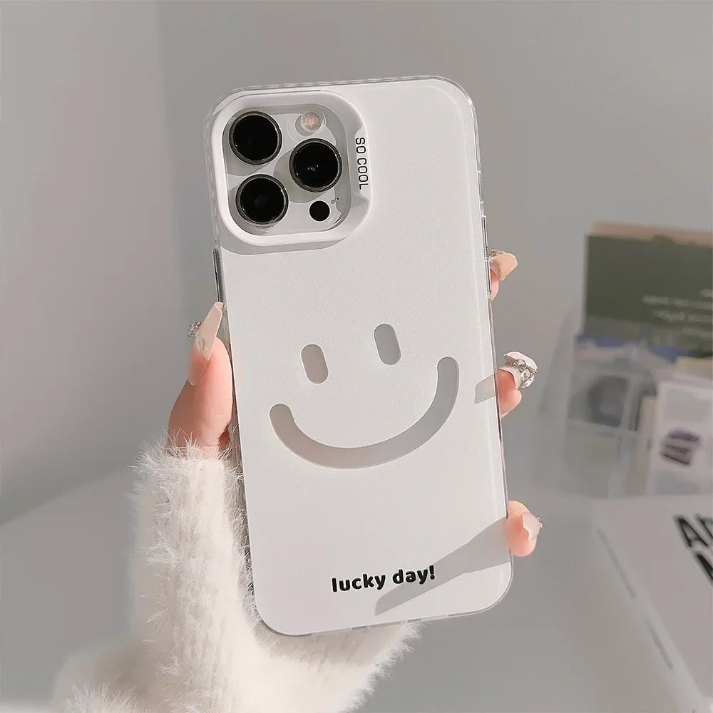 Cute Smiling Face White Phone Cases for iPhone 16 Pro Max Plus 15 14 13 12 11 Cool Minimalist Phone Covers