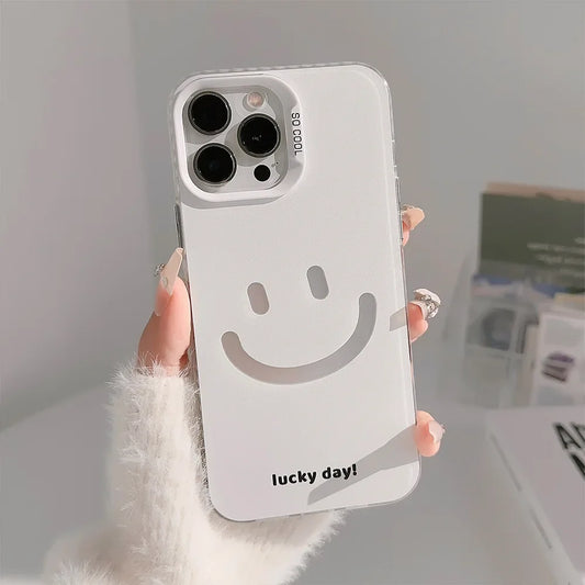 Cute Smiling Face White Phone Cases for iPhone 16 Pro Max Plus 15 14 13 12 11 Cool Minimalist Phone Covers